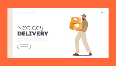 Gelecek Gün Teslimat Sayfa Şablonu. Üniformalı Kurye Erkek Karakteri ve Cap Taşıma Kutuları. Paketli Adam