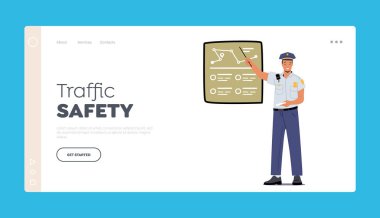 Trafik Güvenliği İniş Şablonu. Polis memuru çizelgeye işaret ediyor, polis memuru üniforma giyiyor. Karakter Polis Mesleği