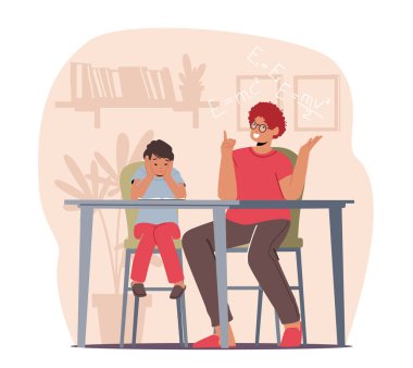 Anne ve Oğul Evde Öğrenme Dersleri. Heyecanlı Ebeveyn ve Mutsuz Sıkıcı Öğrenci Çocuk Karakterleri Birlikte Çalışıyor