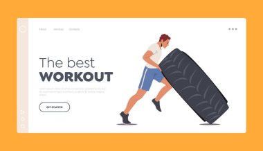 Sportsman Egzersiz İniş Sayfa Şablonu. Crossfit veya Vücut Geliştirme, Güçlü Atletizm Adamı Büyük Lastiği Kaldırıyor