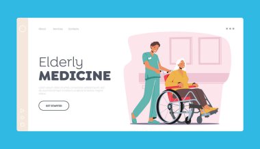 Yaşlı Tıp İniş Sayfası Şablonu. Hasta Yaşlı Kadın Bakımı Tekerlekli Sandalyeye oturup Yaşlılara Sağlık Hizmetleri