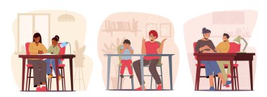 Ebeveynler çocuklara ödevlerinde yardım eder. Evde eğitim konsepti. Anne ve Baba Masada oturuyor Çocuklara Öğretmenlik yapıyor