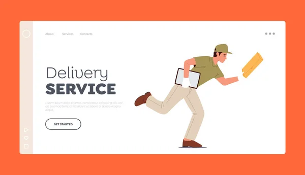 Express Delivery Service, Shipping Landing Page Template. Kurier männlichen Charakters tragen Uniform laufen mit Pizza-Box — Stockvektor