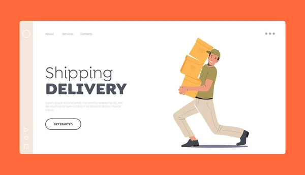 Express Delivery Service Landing Page Template. Kuriere tragen schwere Stapel von Kartons. Zusteller mit Paketen — Stockvektor