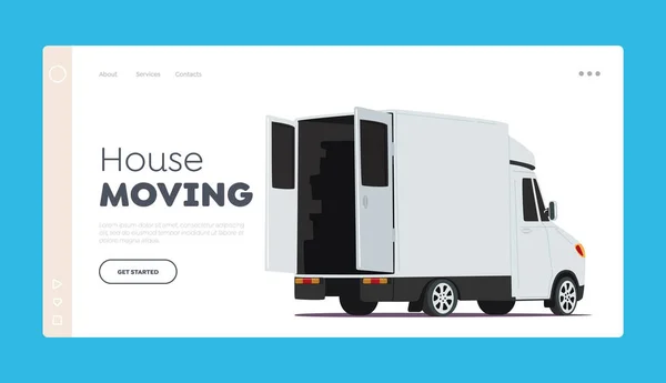 House Moving Landing Page Template. Lastkraftwagen mit offener Tür nach hinten. Lieferservice Lieferwagen, LKW versandfertig — Stockvektor