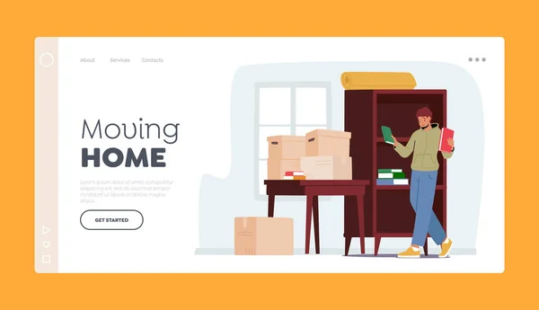 Mover Home Landing Page Template. Deslocalização e Mudar para New House Concept. Jovem Personagem Masculino Desempacotar Caixas — Vetor de Stock