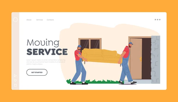Költöztető Service Landing Page Sablon. Áthelyezés az Új Ház koncepciójába. Munkások Karakterek Hordozó kanapé, Szállítási vállalat — Stock Vector