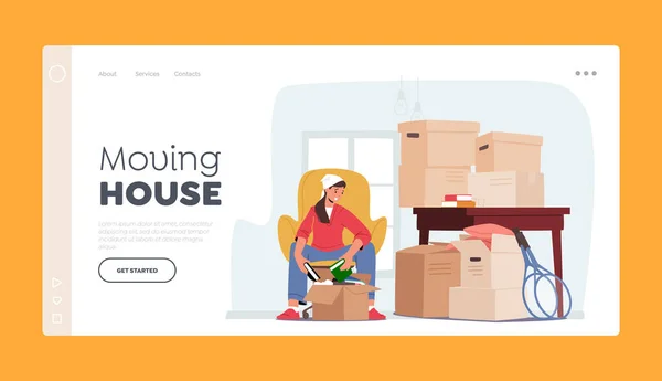 Verhuis naar New House Landing Page Template. Jonge vrouwelijke karakter verhuizing, Verhuizen naar nieuw huis, Vrouw uitpakken dozen — Stockvector