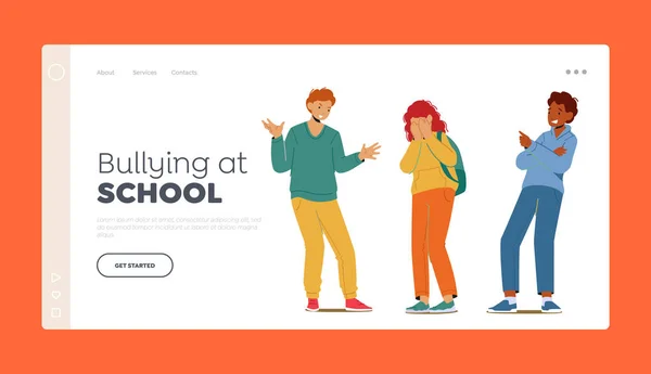 Bullying di School Landing Page Template. Schoolgirl Crying, Aggressive Classmates Mengarahkan dia dengan Fingers - Stok Vektor