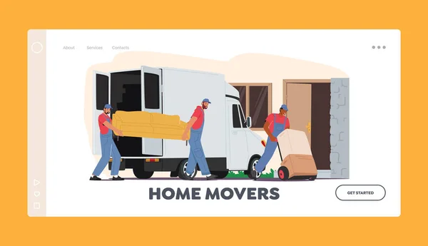 Home Movers Landing Page Sablon. Áthelyezés vagy költözés az Új Házba. Munkás karakterek Tolókocsi dobozokkal — Stock Vector