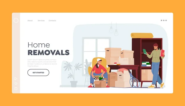 Home Removals Landing Page Template. Молодые парочки переезжают в новый дом, мужчина и женщина распаковывают коробки — стоковый вектор