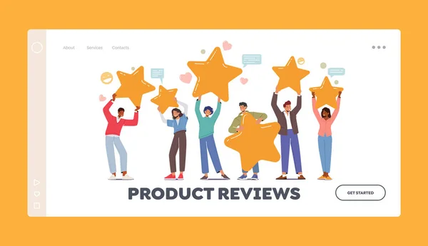 Product Reviews Landing Page Template. Персонажи с огромным рейтингом звезд, потребителей и пользователей рейтинга. Люди со звездами — стоковый вектор