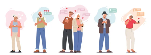 Ältere Menschen sollen in sozialen Netzwerken kommunizieren können. Ältere männliche und weibliche Charaktere mit Mobiltelefonen im Online-Chat — Stockvektor