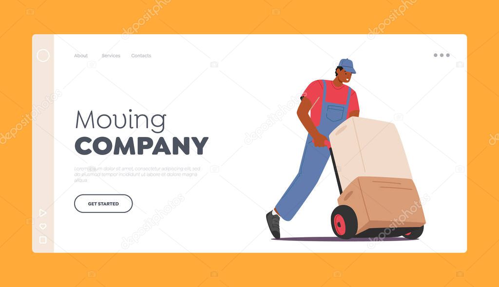 Moving Company Landing Page Template. Worker in Uniform Driving Hand Truck with Stack of Boxes, Cargo Transportation