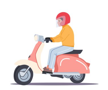Erkek Motosikletli Sürücü, Kalan veya Kurye Retro Scooter Taşımacılığı Beyaz Arkaplanda İzole Edildi