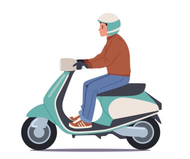 Erkek Karakter Miğfer Takıyor Motosiklet Sürücüsü veya Beyaz Arkaplan 'da izole edilmiş Elektrikli Scooter. Erkek Sürücü Bisikleti