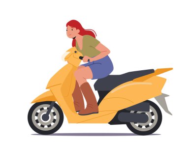 Motosikletli Genç Kız ya da Beyaz Arkaplanda İzole Edilmiş Modern Scooter. Sarı Bisiklet Süren Heyecanlı Kadın