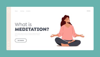 Yoga Meditasyon İniş Şablonu nedir? Lotus Pozu 'nda meditasyon yapan kadın. Huzurlu Kadın Karakteri Gevşemesi