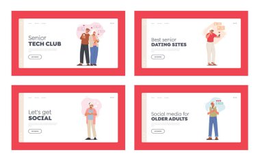 Yaşlılar Sosyal Ağ İniş Şablonunda İletişim Kuruyor. Cep Telefonları İnternet Taraması yapan Yaşlılar