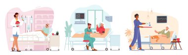 Yaşlıları Hastanelik Etme Kurumu. Yaşlı Hastalıklı Erkek ve Kadın Karakterler Klinikte Yatakta Yatıyor