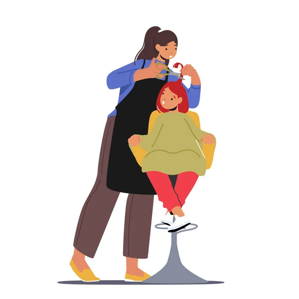 Kleine Mädchen besuchen Schönheitssalon mit Kinder Friseur. Meisterfigur do Frisur für Kleinkind im Friseurladen — Stockvektor
