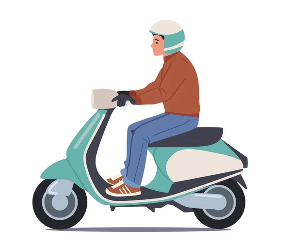 Masculino personagem desgaste capacete equitação motocicleta ou scooter elétrico isolado no fundo branco. Homem de condução de bicicleta — Vetor de Stock