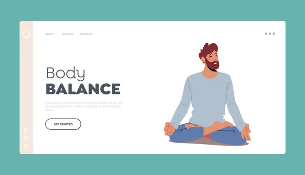 Body Balance Landing Page Mall. Man tränar yoga meditation Sitter i Lotus Pose. Stressreducering — Stock vektor