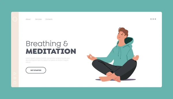 Šablona stránky Dýchání a meditace. Muž medituje Sedí v Yoga Asana Lotus Pose. Zdravý životní styl — Stockový vektor