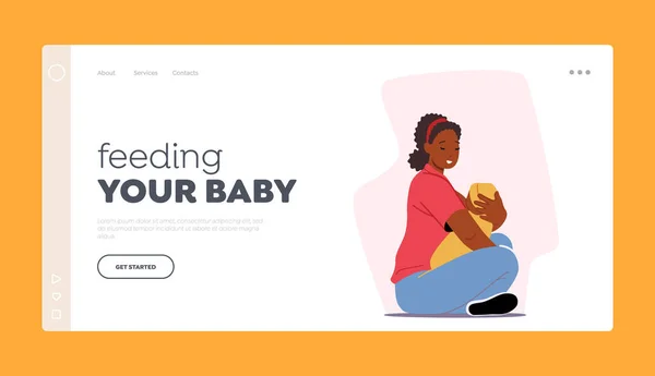 Шаблон цільової сторінки для грудного вигодовування. Африканська жіноча кормова дитина з грудьми сидить на підлозі. Здорове харчування для дитини — стоковий вектор