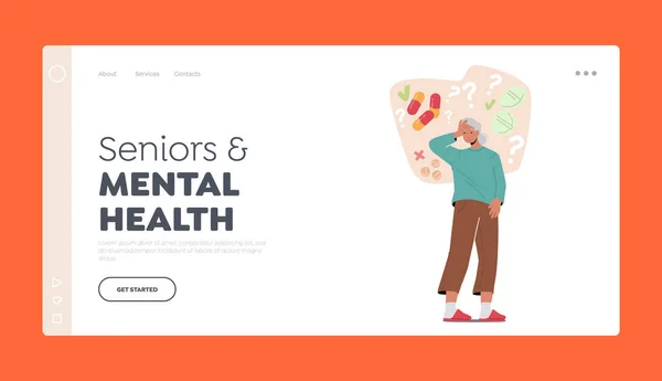 Senioren Mental Health Landing Page Template. Oude vrouw lijdt aan de ziekte van Alzheimer, vergeetachtige grootmoeder karakter — Stockvector