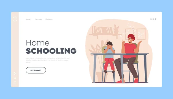 Home Schooling Landing Page Template. Moeder en zoon leren thuis les. Ouder en Kid Boy Studeren samen — Stockvector