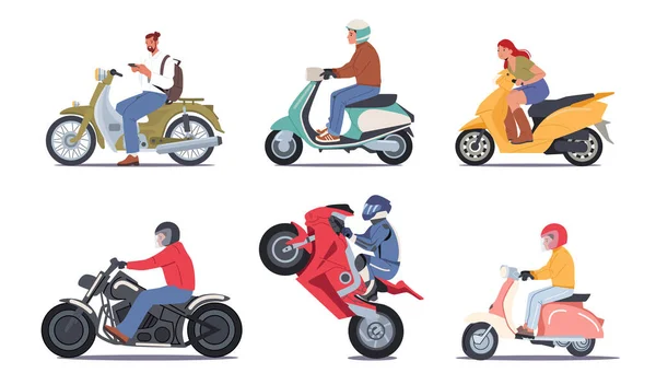 Set von Motorradfahrern tragen Helme fahren Motorräder, Biker Charaktere Reiten Motorrad oder Roller isoliert auf weiß — Stockvektor