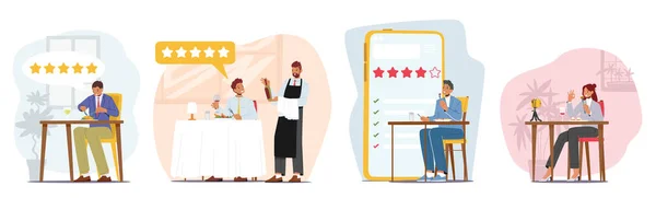Set di critici alimentari, scrittori professionisti o blogger che fanno recensione e classifica la cucina del ristorante. Assaggiatore rende parere — Vettoriale Stock