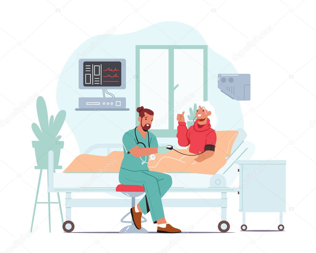 Senior Patient Character Hospitalization at Clinic Ward, Health Care Concept. Doctor or Nurse Measuring Blood Pressure