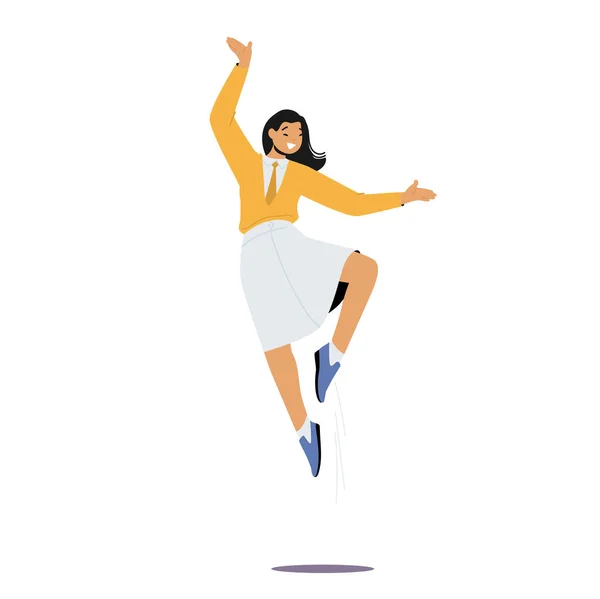 Salto alegre de los empleados de la oficina. Personaje femenino feliz en uniforme de la compañía saltando con las manos levantadas, mujer positiva — Archivo Imágenes Vectoriales