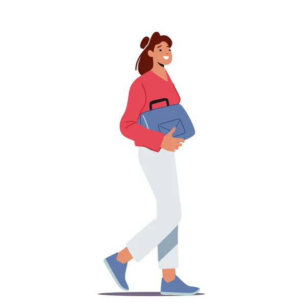 Mujer joven con bolsa en la mano caminando, pasajera de carácter femenino, paseo peatonal en la calle. Estudiante, Paseo del Adolescente — Vector de stock