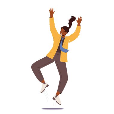 Mutlu Kadın Karakteri El Sallıyor, Neşelen ve Atla. Ofis Kadını Başarıyı Kutla, Neşeli Kız Pozitif Duygusallığı