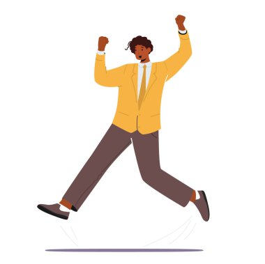 Yetişkin Neşeli Ofis Çalışanı Resmi Giysiler Giyen Adam Kaldırılmış Ellerle Atlıyor. Mutlu Erkek Karakteri Takım Elbise Giyiyor