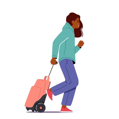 Okul Kız Yürüyüşü, okul çantasıyla birlikte beyaz arka planda izole edilmiş. Bayan öğrenci üniforması giyiyor. Üniversiteye git.