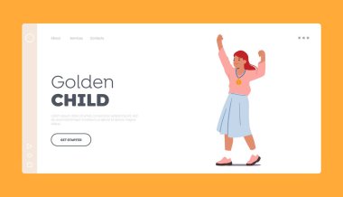 Rekabet İniş Sayfası Şablonunda Çocuk Başarı. Zaferi Kutlayan Çocuk. Şirin Kız Birincilik Ödülü Aldı