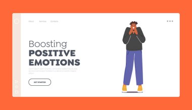 Pozitif Duygular İniş Sayfa Şablonu Artırılıyor. Neşeli Afrikalı adam Kahkaha Ağlıyor Kapalı Gözler, Komik Espri