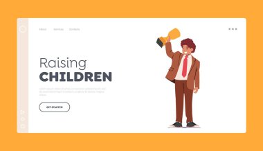 Çocuk İniş Şablonu Yükseltiliyor. Küçük Çocuk Karakteri Altın Kupa Gösteren Resmi Takım Elbise Giyiyor, Çocuk Kutlaması