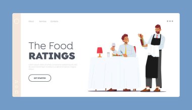 Yemek İzlenme Sayfası Şablonu. Lokantada yemek ve şarap sipariş eden genç adam. Garson, şişe getir.