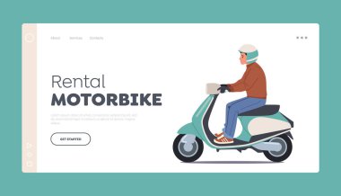 Kiralık Motosiklet İniş Şablonu. Erkek Karakter Miğfer Takıyor Motosiklet Sürücüsü veya Scooter. Erkek Sürücü Bisikleti