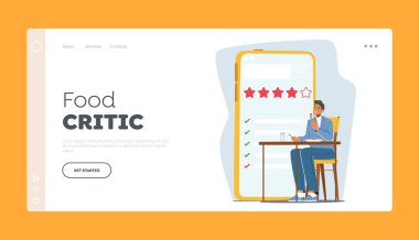 Yemek Eleştirmenleri Restoranı Ziyaret Sayfa Şablonu. Foodie Karakteri Masada oturuyor Lezzetli Yemeklerin tadını çıkarıyor