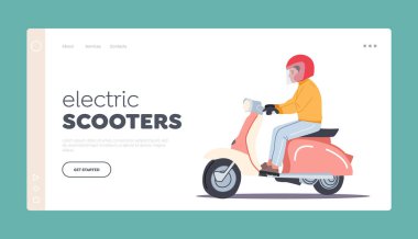 Elektrikli Scooter İniş Şablonu. Erkek Motosikletçi Sürücü, Konut veya Kurye Bisiklet Taşımacılığı