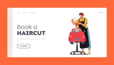 Erkekler Saç Tıraşı Güzellik ve Moda İniş Sayfa Şablonu. Kuaför Araba Sandalyesinde Oturan Küçük Çocuğa Kuaförlük Yap