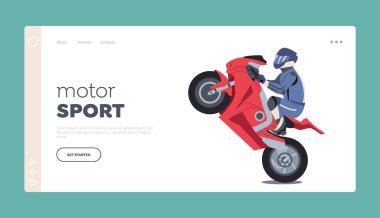 Motor Spor İniş Şablonu. Motosikletçi Dublör Erkek Karakteri Motosiklet Sürücüsü Ekstrem Gösteriler Yapıyor