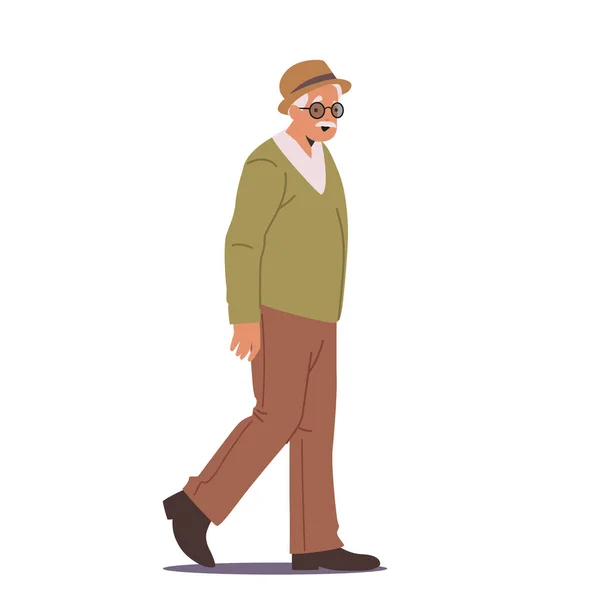 Senior Man Character Walking, Verouderde Passer Draag Bril en Hoed Walk on City Street Geïsoleerd op witte achtergrond — Stockvector