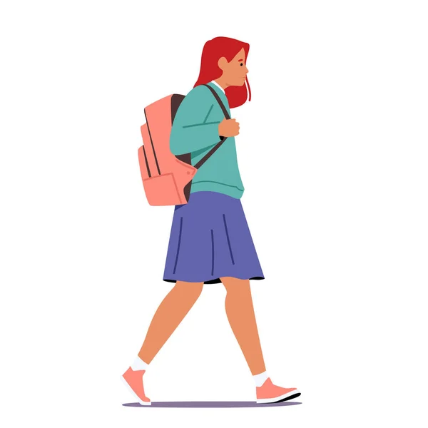 Colegiala desgaste uniforme y mochila ir escuela aislado sobre fondo blanco. Estudiante carácter femenino caminar a la universidad — Vector de stock